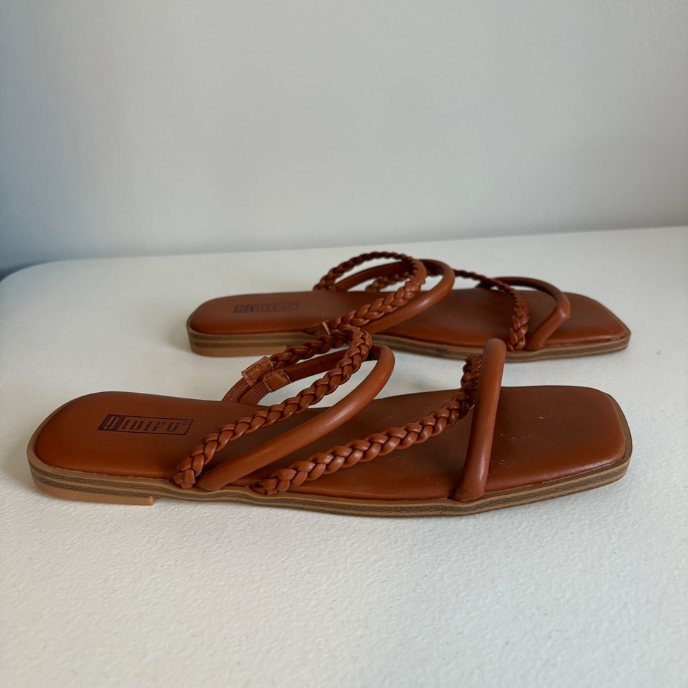 IDIFU‎ Women Brown Braided Strap Square Toe Flat Sandals Size 8 New
